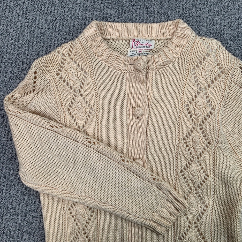 Vintage Bradley Knitwear‎ Cream Virgin Wool Lined Pointelle Cardigan Sweater 36